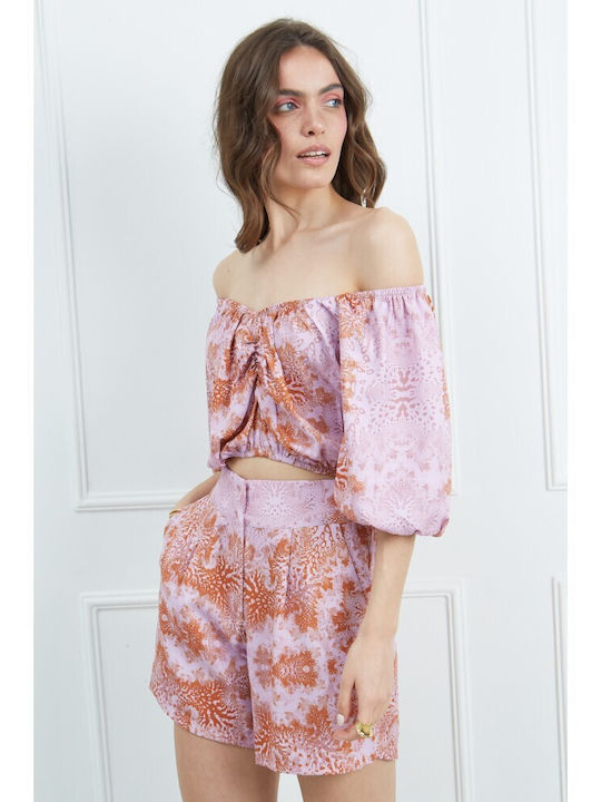 Women's Crop Top with Zipper Floral Coral