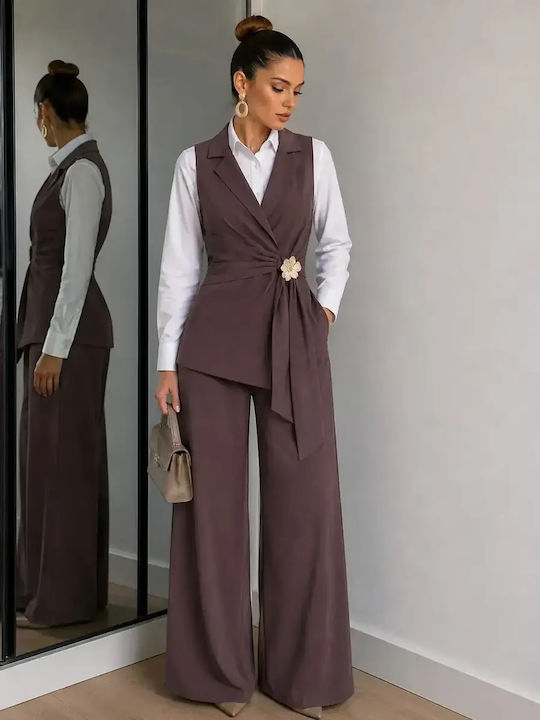 Damen Braune-Lila Satz mit Hochgebirge Gummiband Pantolon