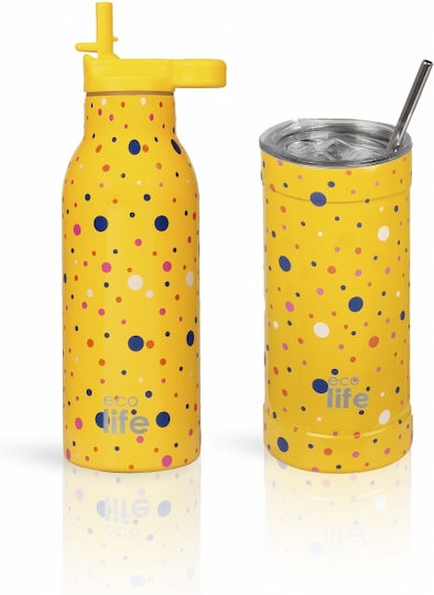 Ecolife Pahar Termos Oțel Inoxidabil / Aluminiu / Plastic Fără BPA 500ml Dots In Yellow cu Pai