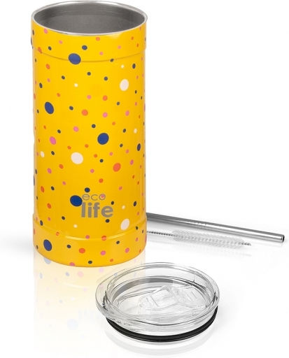 Ecolife Pahar Termos Oțel Inoxidabil / Aluminiu / Plastic Fără BPA 500ml Dots In Yellow cu Pai
