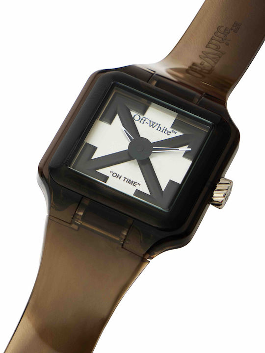 Off White Herrenuhr Batterie mit Braunes Gummiarmband