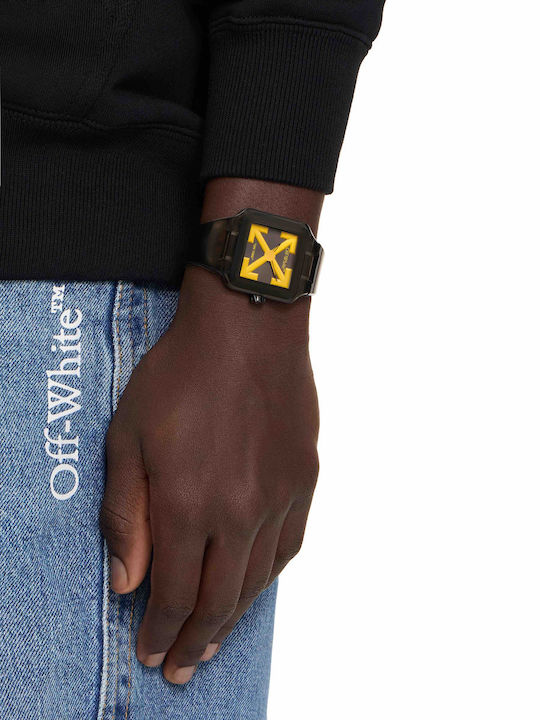 Off White Digital Herrenuhr 45mm Batterie mit Braun Gummi Armband