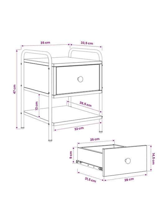 Wooden Bedside Tables With Black Metal Legs 2 Pieces 35x36.5x47cm