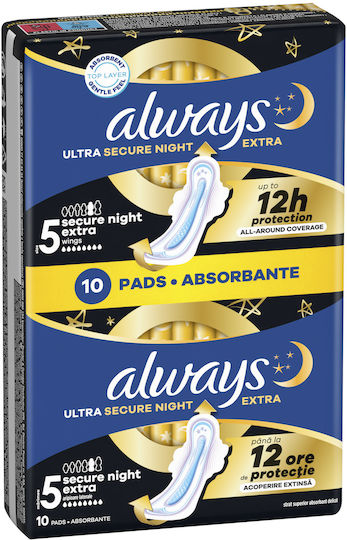 Always Ultra Secure Night Extra Σερβιέτες με Φτερά Νυκτός Μέγεθος 5 σε Διπλή Συσκευασία 2x5τμχ