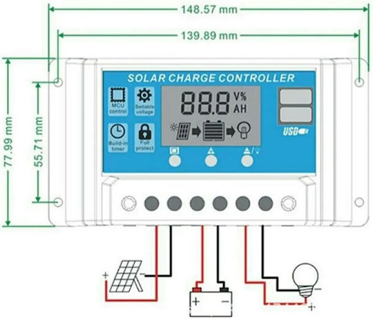 Intelligenter Regler Controller Photovoltaik Solarpanel 12V 24V 10Ah 2xUSB