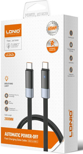 Ldnio Flat LED Braided USB 2.0 Cable USB-C Male - USB-C 65W Black 2m