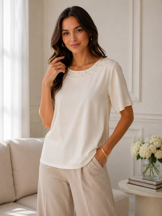 Women's Blouse with Mesh Ecru