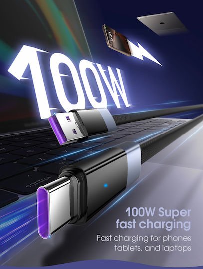 Ldnio Flat LED Braided USB 2.0 Cable USB-C Male - USB-A 100W Black 1m
