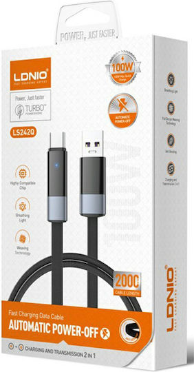 Ldnio Flat / LED / Braided USB 2.0 Cable USB-C male - USB-A 100W Μαύρο 2m