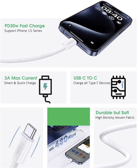 T-Phox USB 2.0 Cable USB-C male - USB-C 60W Λευκό 2m