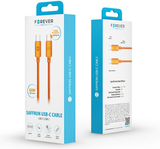 Forever USB 2.0 Cable USB-C male - USB-C 60W PD Πορτοκαλί 1m