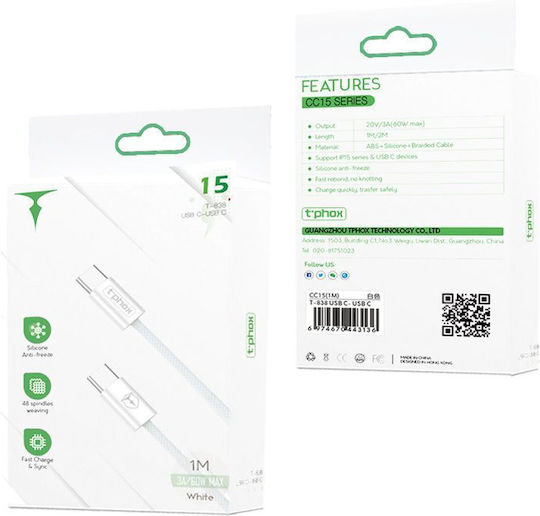 T-Phox Braided USB 2.0 Cable USB-C Male - USB-C 60W White 1m