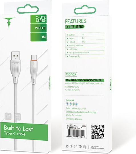 T-Phox USB 2.0 Cable USB-C male - USB-C Λευκό 1m