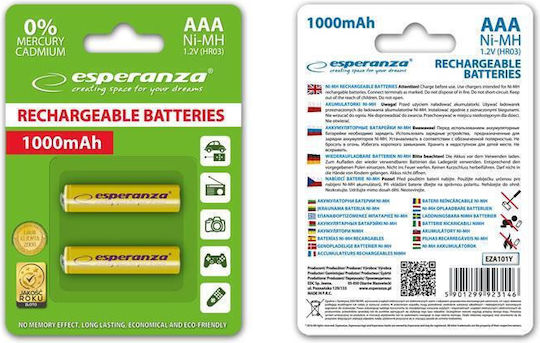 Esperanza Επαναφορτιζόμενες Μπαταρίες AAA Ni-MH 1000mAh 1.2V 2τμχ Κίτρινο