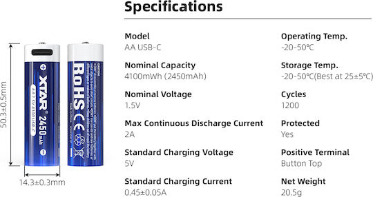 XTAR Rechargable Battery Li-ion 2450mAh 1.5V
