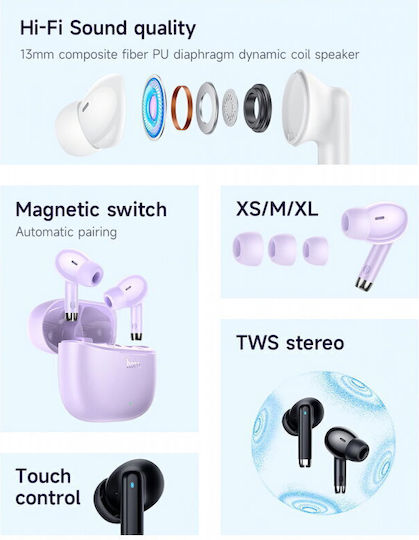 Hoco EQ2 In-ear Bluetooth Handsfree Ακουστικά με Θήκη Φόρτισης Μωβ