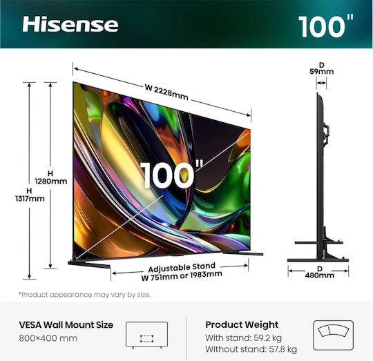 Hisense Smart Τηλεόραση 100" 4K UHD Mini LED UR8S HDR (2026) 100UR8S