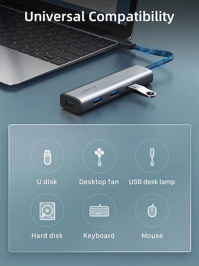 Cabletime USB-Hub 4 Anschlüsse mit USB-C Verbindung Grau