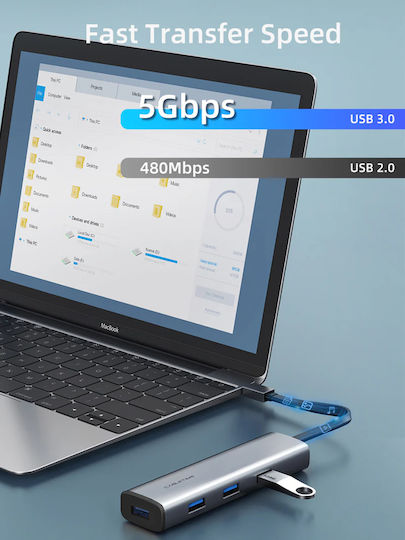 Cabletime USB-Hub 4 Anschlüsse mit USB-C Verbindung Grau