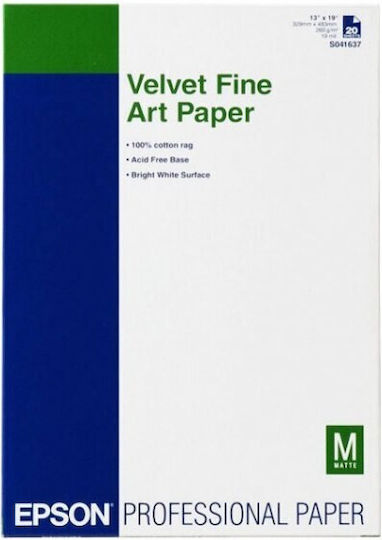 Epson Velvet Fine Art Paper Photo Paper Matte A3+ 260gr/m² for Printers Inkjet 20 Sheets