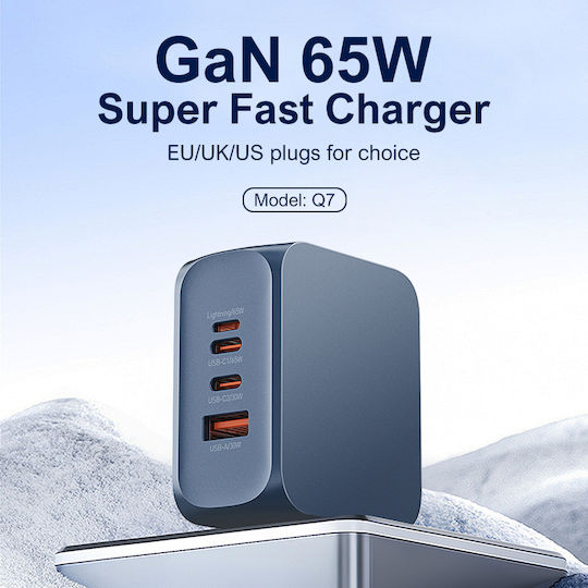 Ldnio Ldnio GaN Handyladegerät mit USB-A Ausgangsanschluss und 2 USB-C Ausgangsanschlüsse und Kabel USB-C - USB-C 65W Stromlieferung Blau (Q7)