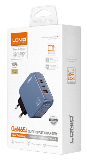 Ldnio Ldnio GaN Handyladegerät mit USB-A Ausgangsanschluss und 2 USB-C Ausgangsanschlüsse und Kabel USB-C - USB-C 65W Stromlieferung Blau (Q7)