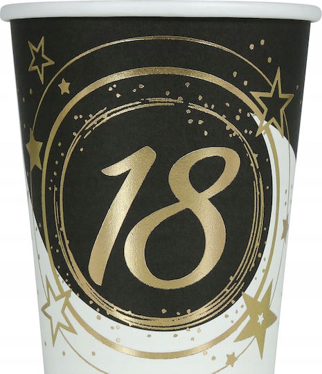 Paper Cups 18th Birthday Eighteenth Gold Black Party 240ml 6pcs