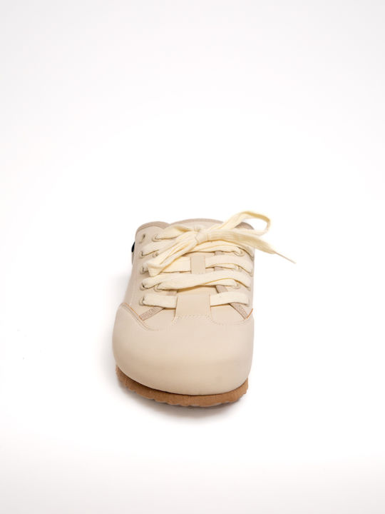 Leather Mules with Heel in Beige Colour