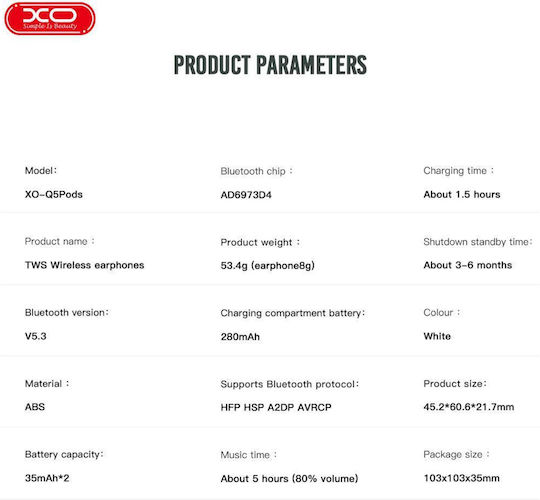 XO Q5 In-ear Bluetooth Handsfree Ακουστικά με Θήκη Φόρτισης Λευκά