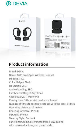 Devia OWS EM401 Pro1 Open Ear Bluetooth Handsfree Ακουστικά με Αντοχή στον Ιδρώτα και Θήκη Φόρτισης Μπεζ