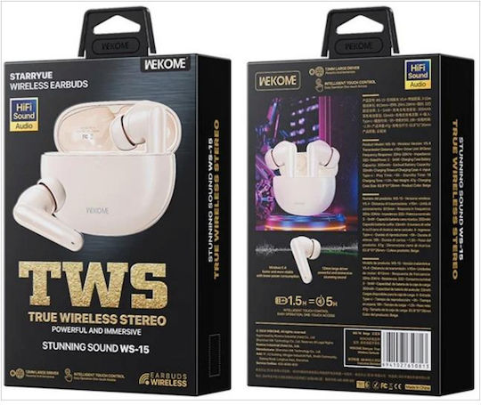 WK WS-15 In-ear Bluetooth Handsfree Ακουστικά με Θήκη Φόρτισης Μπεζ