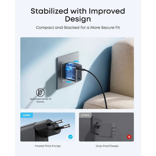 Anker Anker Φορτιστής με Θύρα USB-A και 2 Θύρες USB-C και Kabel USB-C - USB-C 70W Stromlieferung Gray (B121A311)