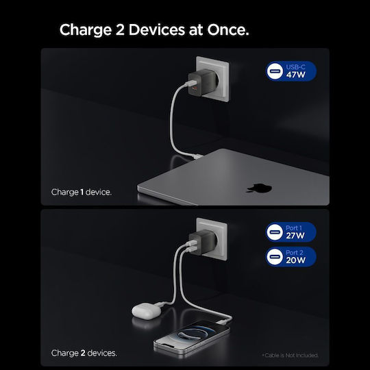 Spigen Φορτιστής Χωρίς Καλώδιο GaN με 2 Θύρες USB-C 47W Power Delivery / Quick Charge 3.0 Gunmetal (Essential)
