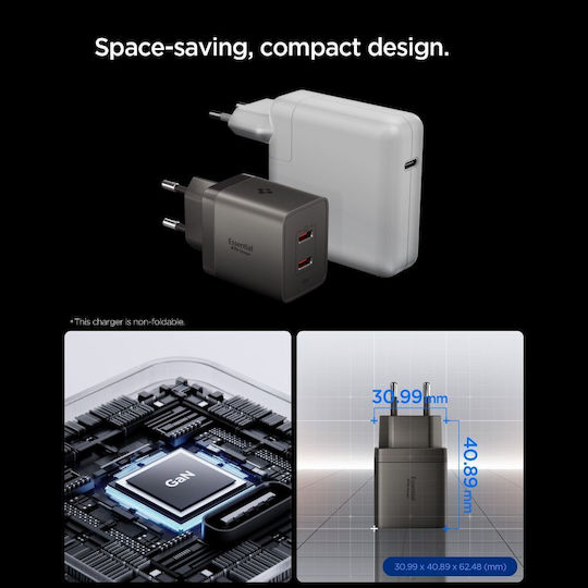 Spigen Φορτιστής Χωρίς Καλώδιο GaN με 2 Θύρες USB-C 47W Power Delivery / Quick Charge 3.0 Gunmetal (Essential)