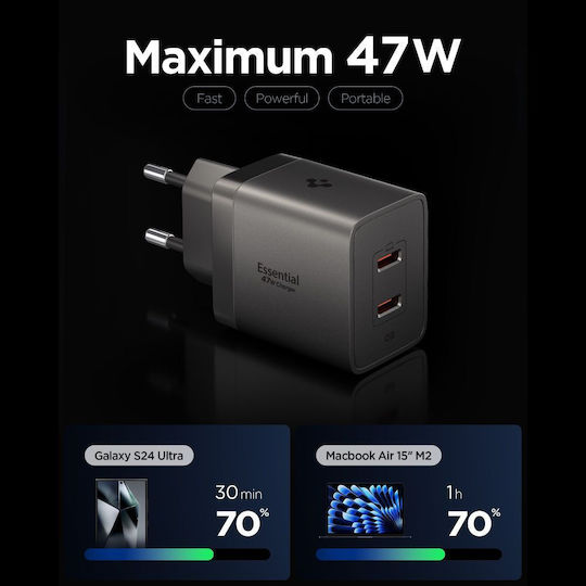 Spigen Φορτιστής Χωρίς Καλώδιο GaN με 2 Θύρες USB-C 47W Power Delivery / Quick Charge 3.0 Gunmetal (Essential)