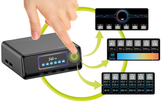 Mobile Origin Βάση Φόρτισης GaN με 2 Θύρες USB-A και 4 Θύρες USB-C 240W Power Delivery / Quick Charge 3.0 / Quick Charge 2.0 σε Μαύρο χρώμα (PW39)