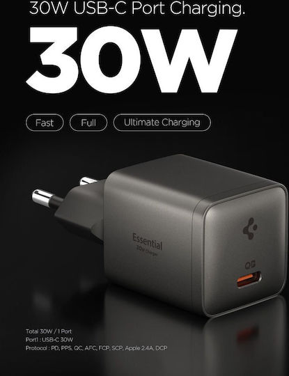 Spigen Wireless GaN Charger with USB-C Port 30W Power Delivery / Quick Charge 3.0 / Quick Charge 2.0 Gunmetal (Essential)