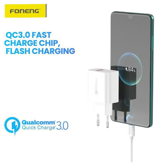 Foneng Ladegerät mit USB-A Anschluss und Kabel Blitzschlag 18W Schnellaufladung 3.0 Weißs (EU46)