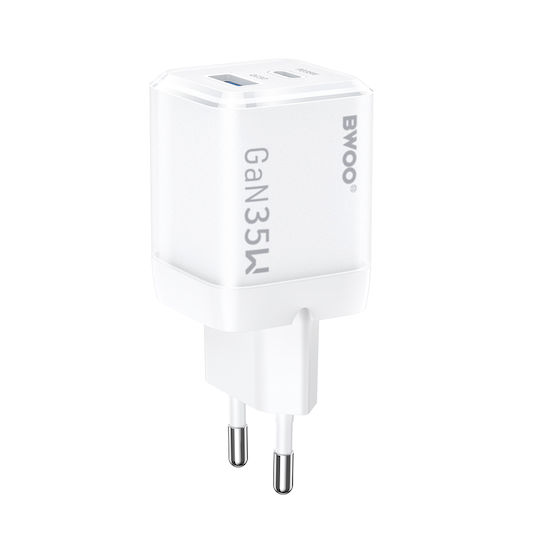 BWOO Зарядно с вграден кабел GaN с USB-A порт и USB-C порт 35W Power Delivery Бял (CDA222)