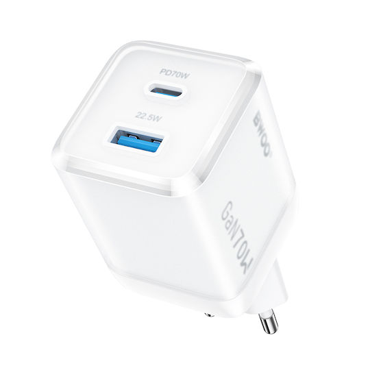 BWOO Зарядно с вграден кабел GaN с USB-A порт и USB-C порт 70W Power Delivery Бял (CDA224)