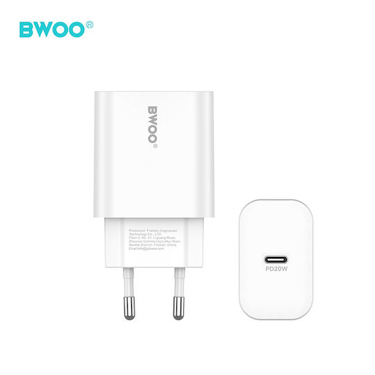 BWOO Mobile Phone Charger With USB-C Port And USB-C - Lightning Cable 20W Power Delivery White (CDA233)
