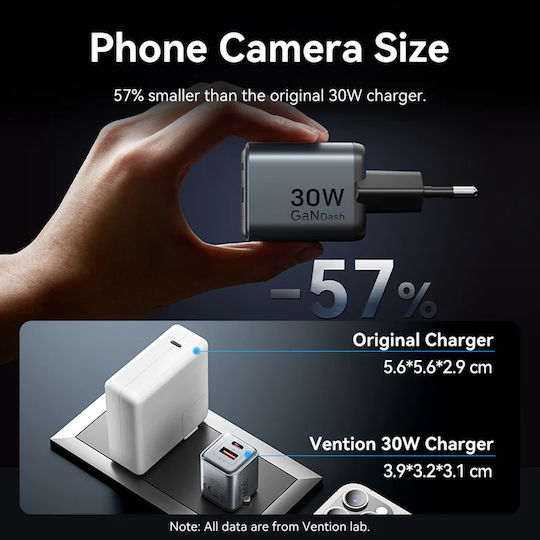 Vention Vention GaN Wireless Charger with USB-A and USB-C Ports 30W Power Delivery Quick Charge 3.0 Gray