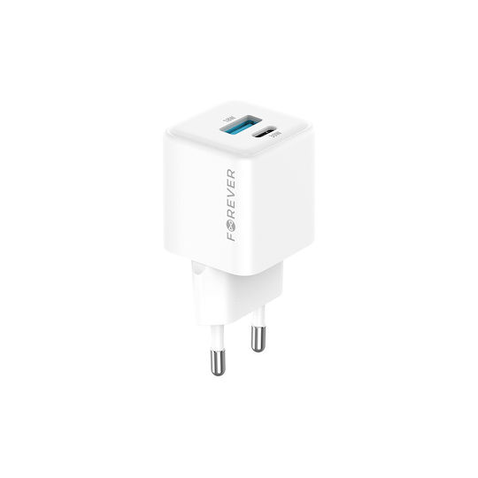 Forever Charger Without Cable GaN with USB-A Port and USB-C Port 30W Power Delivery Whites (TC-08-30AC)