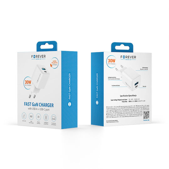 Forever Charger Without Cable GaN with USB-A Port and USB-C Port 30W Power Delivery Whites (TC-08-30AC)