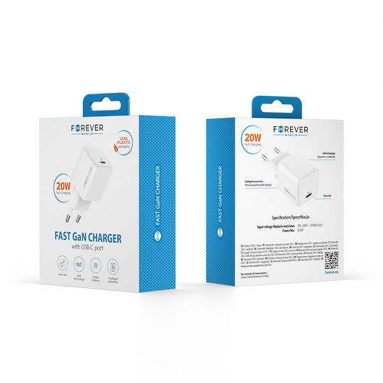 Forever Charger Without Cable GaN with USB-C Port 20W Power Delivery Whites (TC-08-20C)