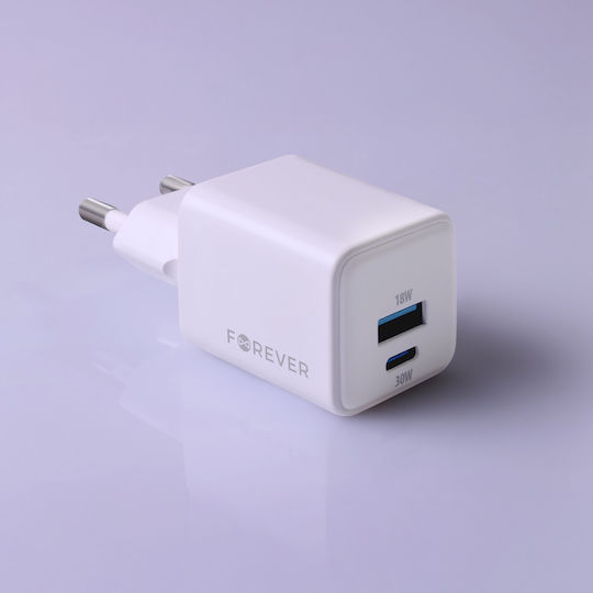Forever Charger Without Cable GaN with USB-A Port and USB-C Port 30W Power Delivery Whites (TC-08-30AC)