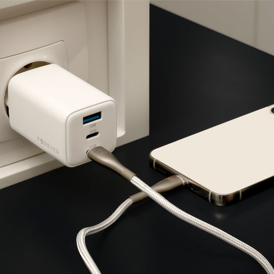 Forever Charger Without Cable GaN with USB-A Port and 2 USB-C Ports 65W Power Delivery Whites (TC-08-65ACC)