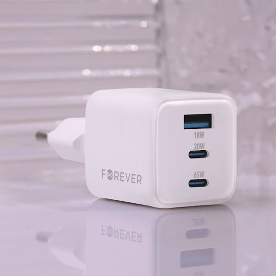 Forever Charger Without Cable GaN with USB-A Port and 2 USB-C Ports 65W Power Delivery Whites (TC-08-65ACC)