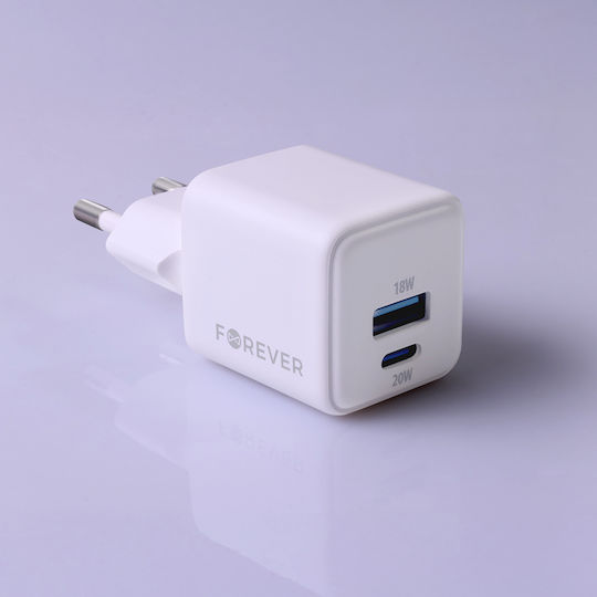 Forever Φορτιστής Χωρίς Καλώδιο GaN με Θύρα USB-A και Θύρα USB-C 20W Power Delivery Λευκός (TC-08-20AC)