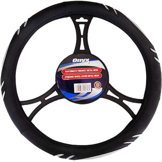 Autoline Car Steering Wheel Cover 21613 Onyx Metal Mesh B with Diameter 38cm made of Leatherette Silver with Black Stitching